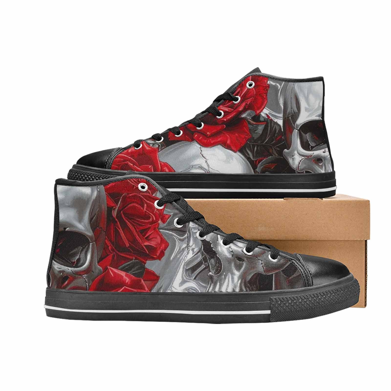MEN'S Skulls Roses Chrome Airbrush High Top Canvas Wallpaper Art Custom Shoes