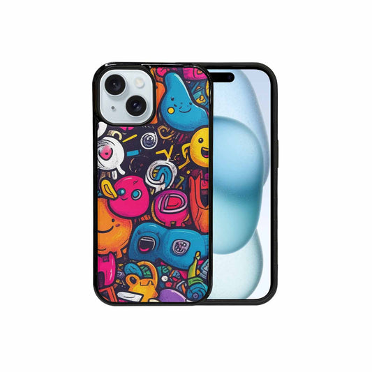 iPhone 15 Case — Hand Drawn Icon Doodle Pattern Hundreds, Customized Protective Case