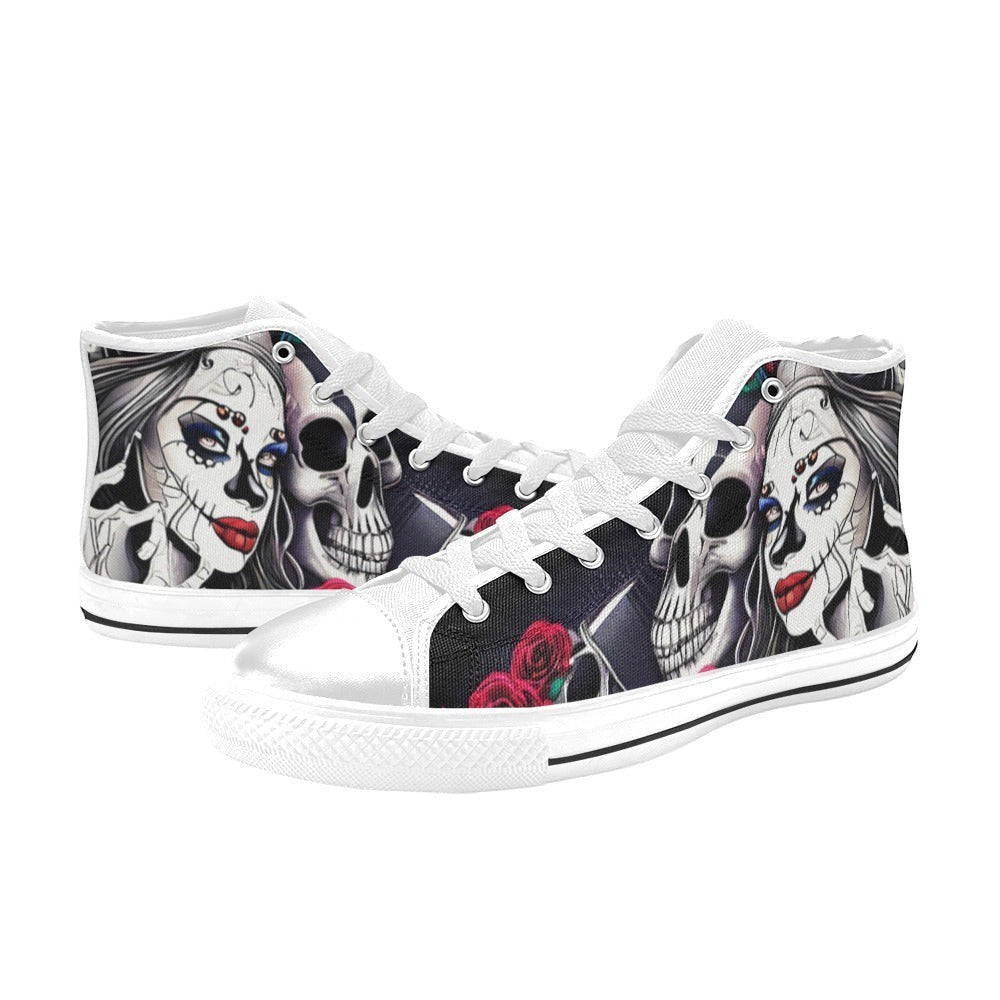 Freaky Shoes custom art sneakers with Day of the Dead skull art, red roses, and black background, made to order