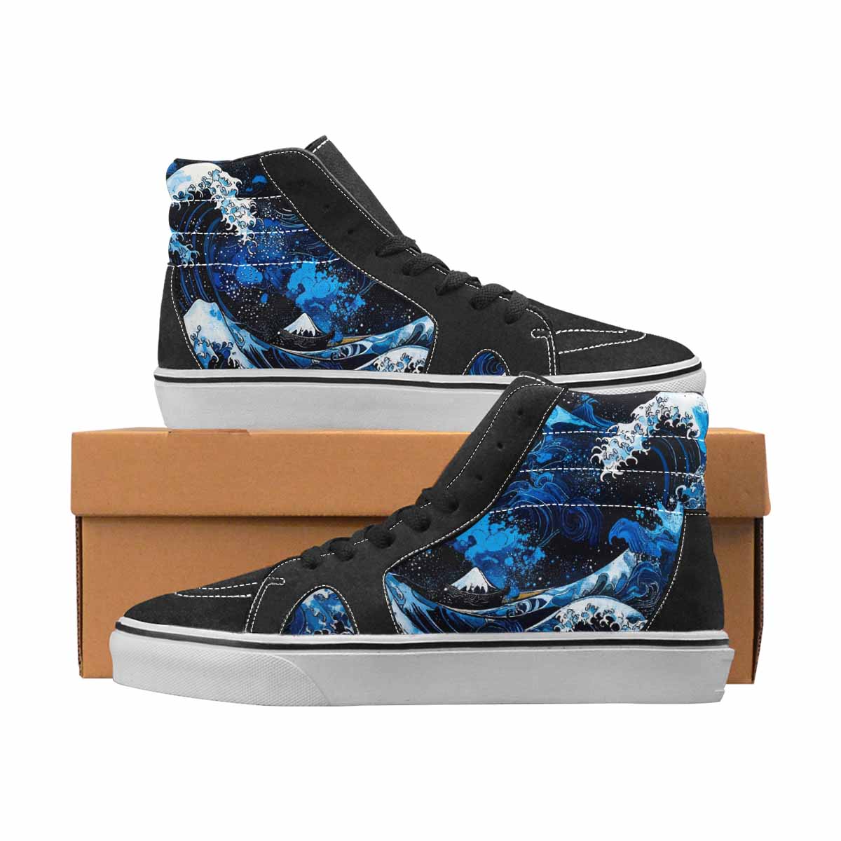 WOMEN'S Nautical Waves Black & Blue Ink High Top Canvas Bold Print Aesthetic Shoes