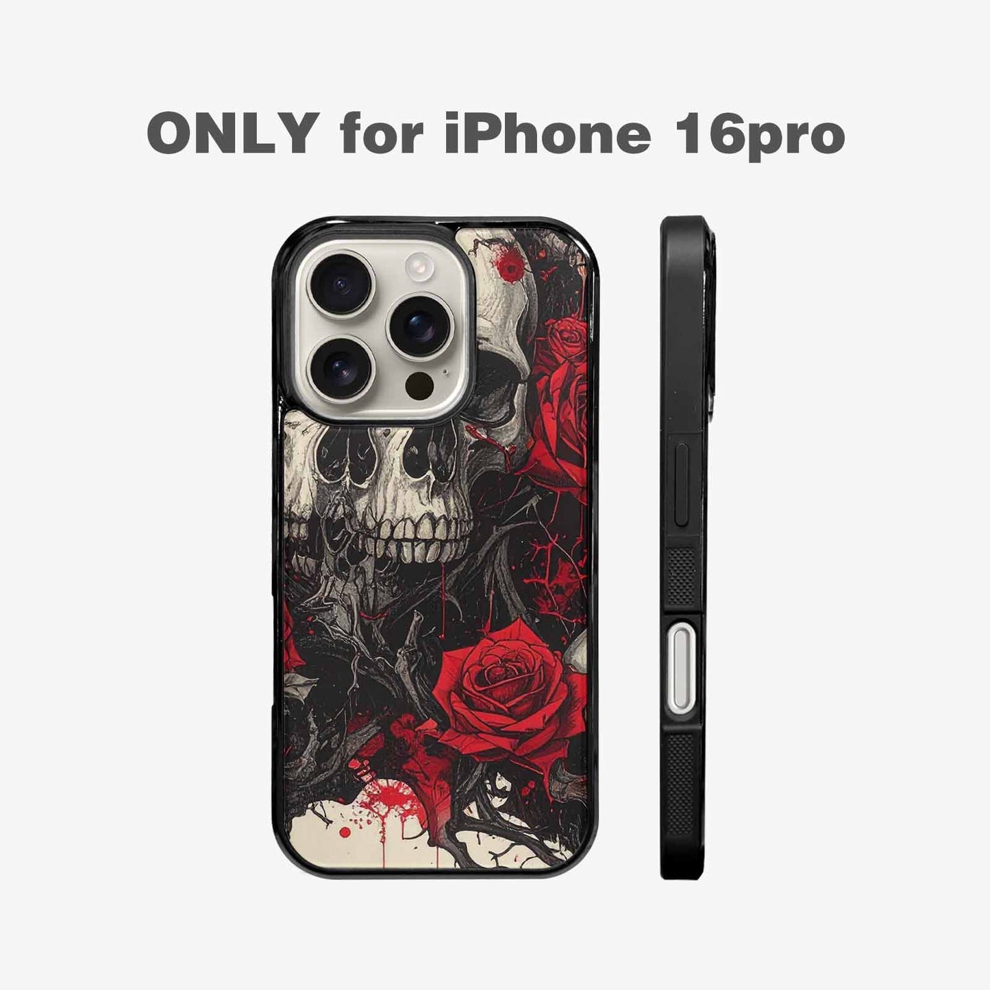 iPhone 16 Pro Case — Skull And Roses Black Red Ink, Custom Phone Case