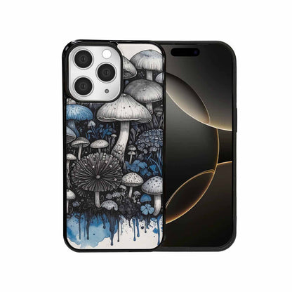 iPhone 15 Pro Max Case — Mushrooms General Black Blue Ink Mushrooms, Customized Protective Case