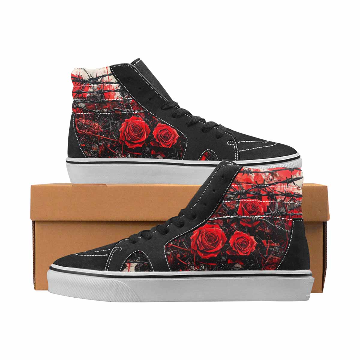 WOMEN'S Barbed Wire Black & Red Ink High Top Canvas Unique Print Grunge Custom Print Sneakers