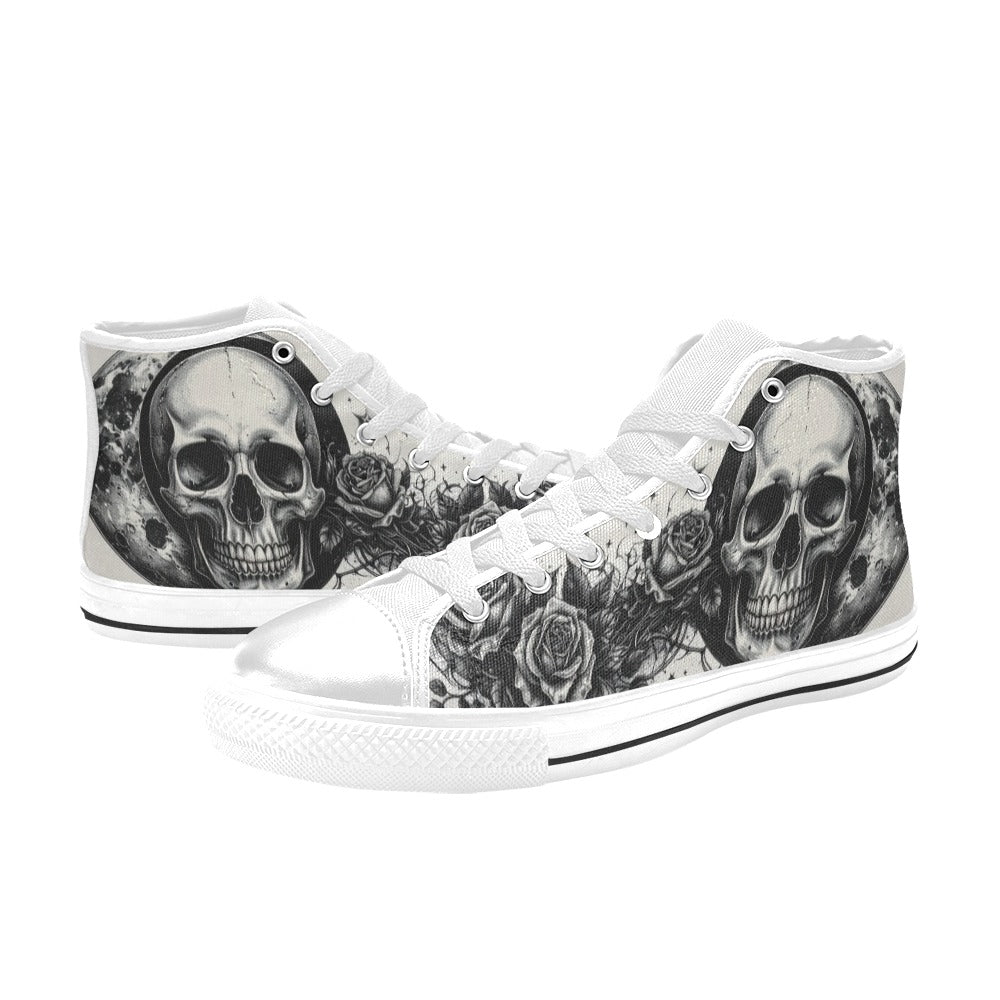 Grey Rose Monochrome Skull Women's Dark High Top Canvas Shoes | Freaky Shoes®