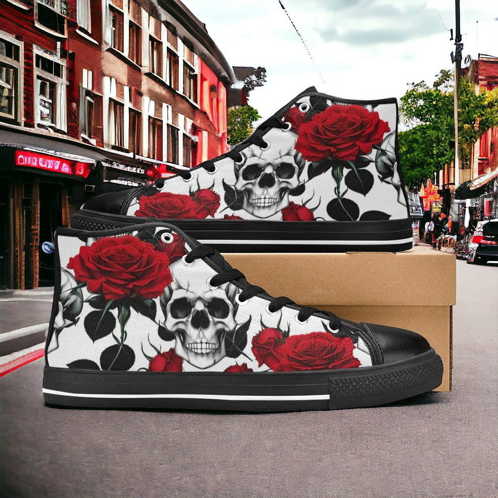 Custom Women's Skulls Roses Deluxe high-top canvas shoes with bold all-over art — Freaky Shoes