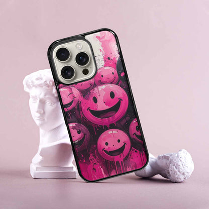 iPhone 16 Pro Case — Melting Moon Smiley Black Pink Ink, Custom Designed Case Cover