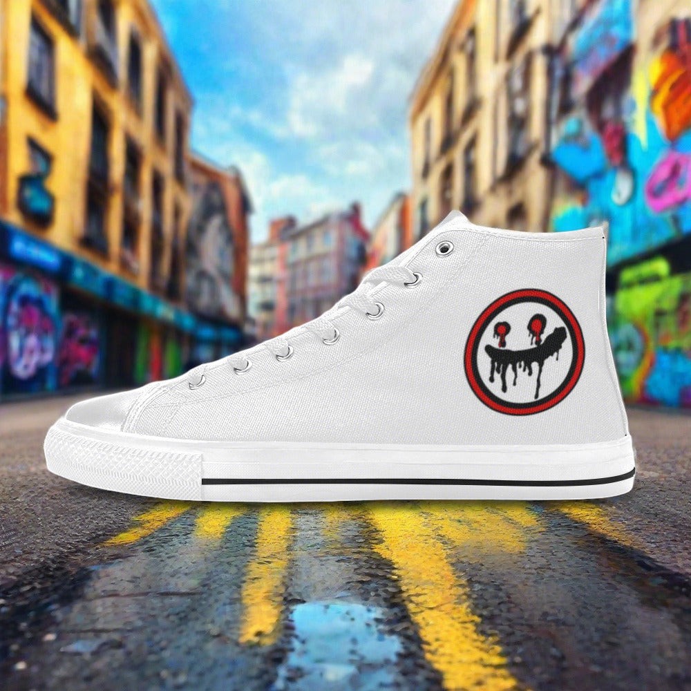 Women's Tops Freaky Logo hand-made high-top canvas shoes — unique wearable art by Freaky Shoes