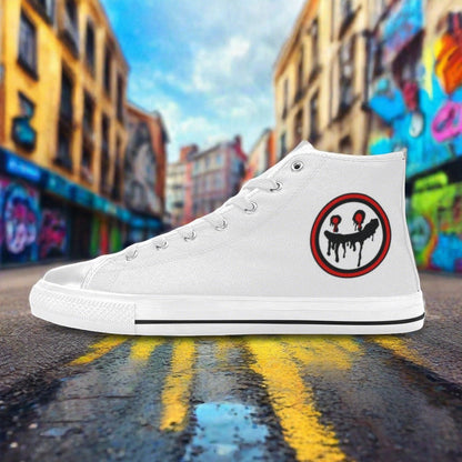 Women's Tops Freaky Logo hand-made high-top canvas shoes — unique wearable art by Freaky Shoes