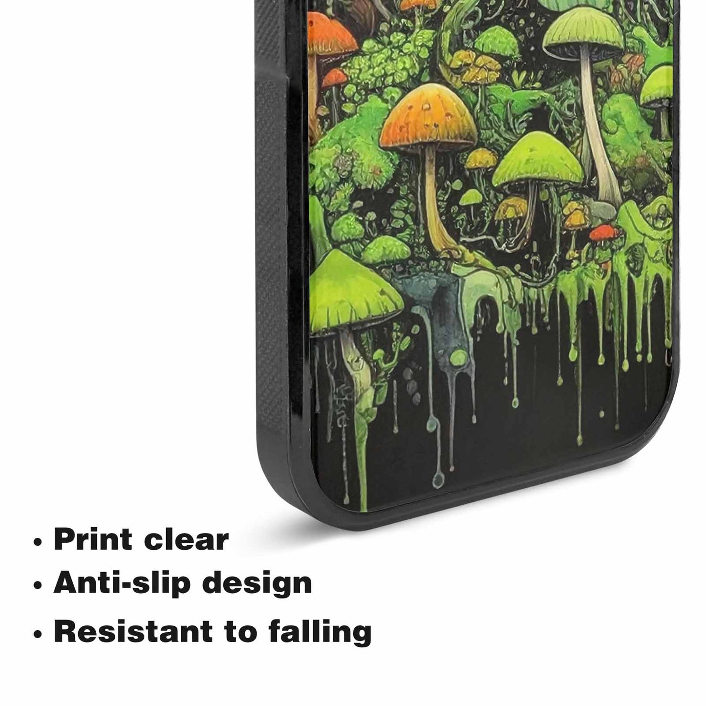 iPhone 15 Plus Case — Rainbow Drip Mushrooms Black Green Ink, Customized Protective Case