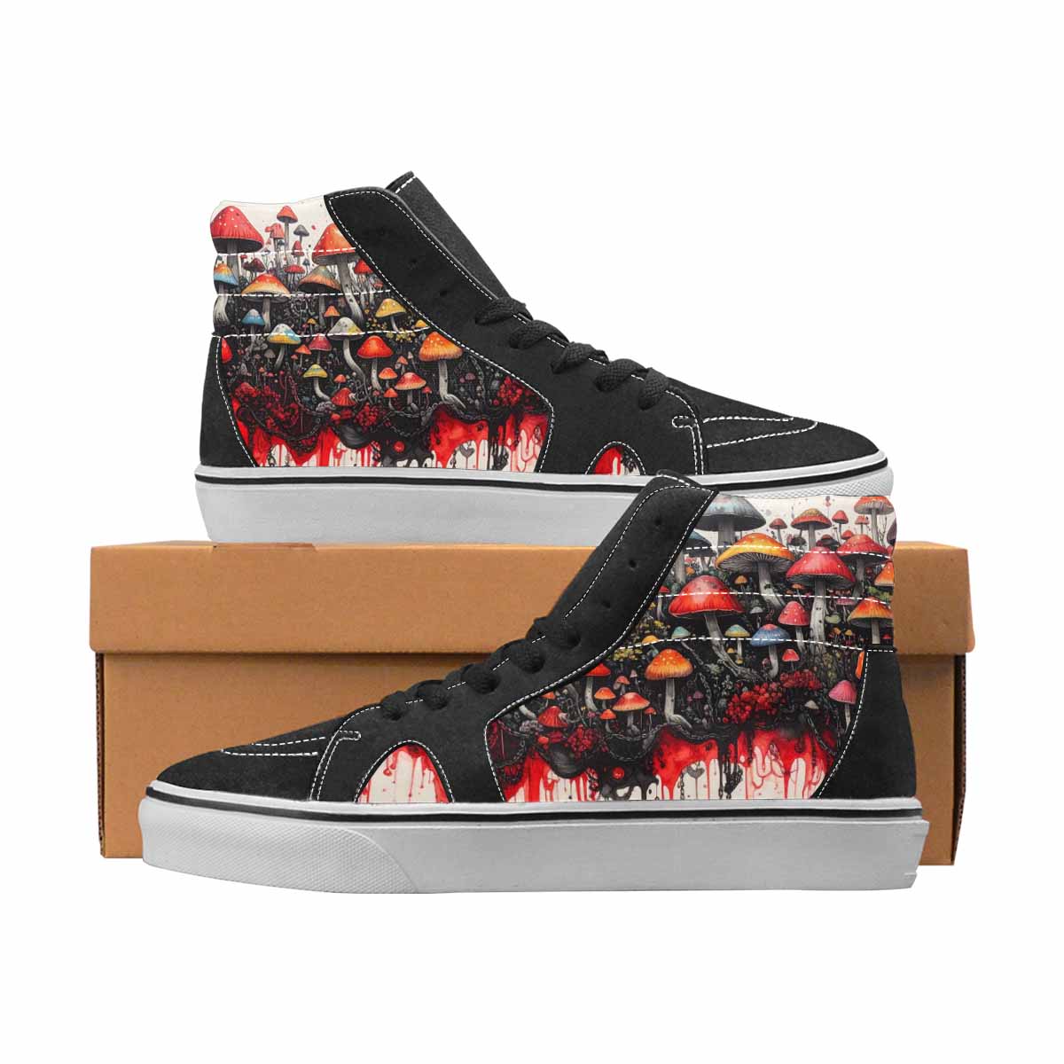 WOMEN'S Mushrooms Black & Red Ink High Top Canvas One Of A Kind Aesthetic Custom Streetwear Shoes