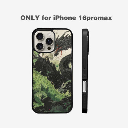 iPhone 16 Pro Max Case — Dragon Scale Black Green Ink Dragons, Unique Phone Case Design