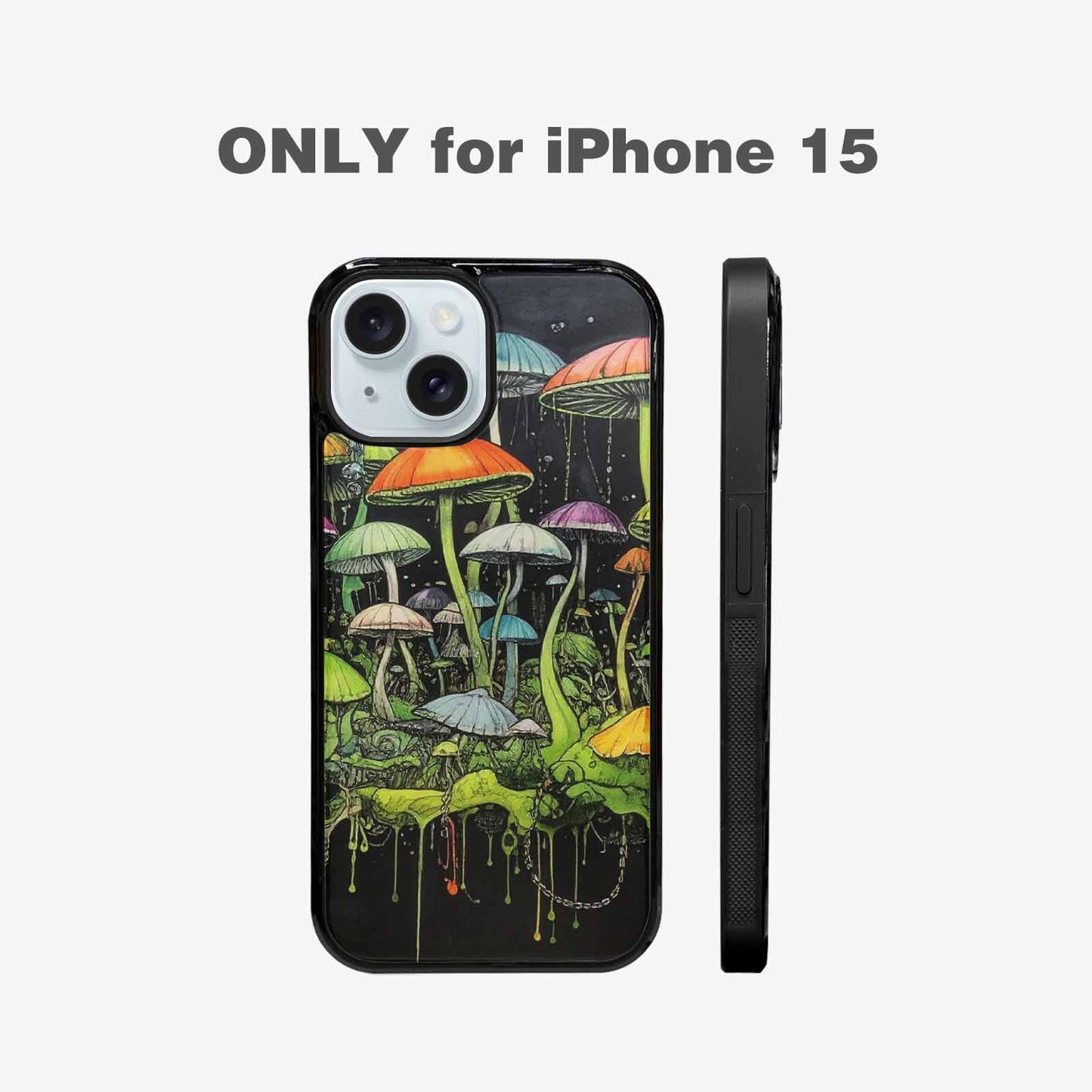 iPhone 15 Case — Rainbow Drip Mushrooms Black Green Ink, Original Design Phone Case