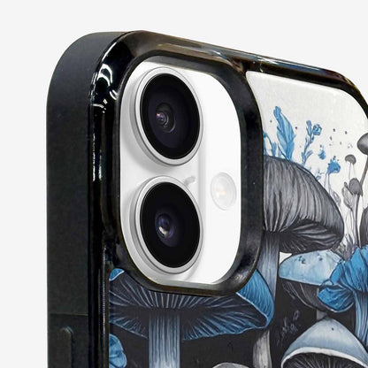 iPhone 16 Case — Mushrooms General Black Blue Ink Mushrooms, Unique Phone Case Design