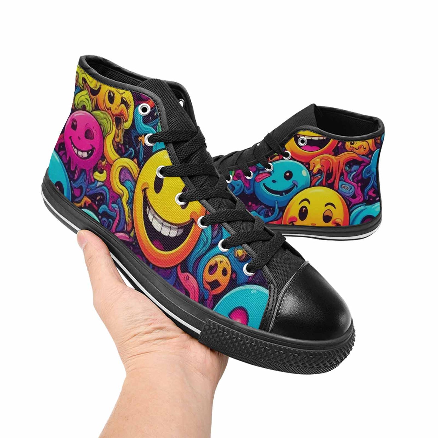 MEN'S Yellow Smiley Face High Top Canvas Neon Fantasy Custom Shoes