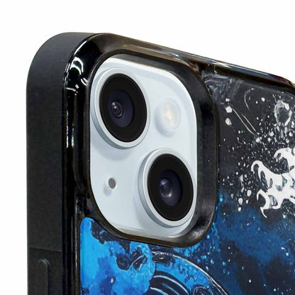 iPhone 15 Plus Case — Nautical Wave Black Blue Ink Wave, Personalized Phone Case