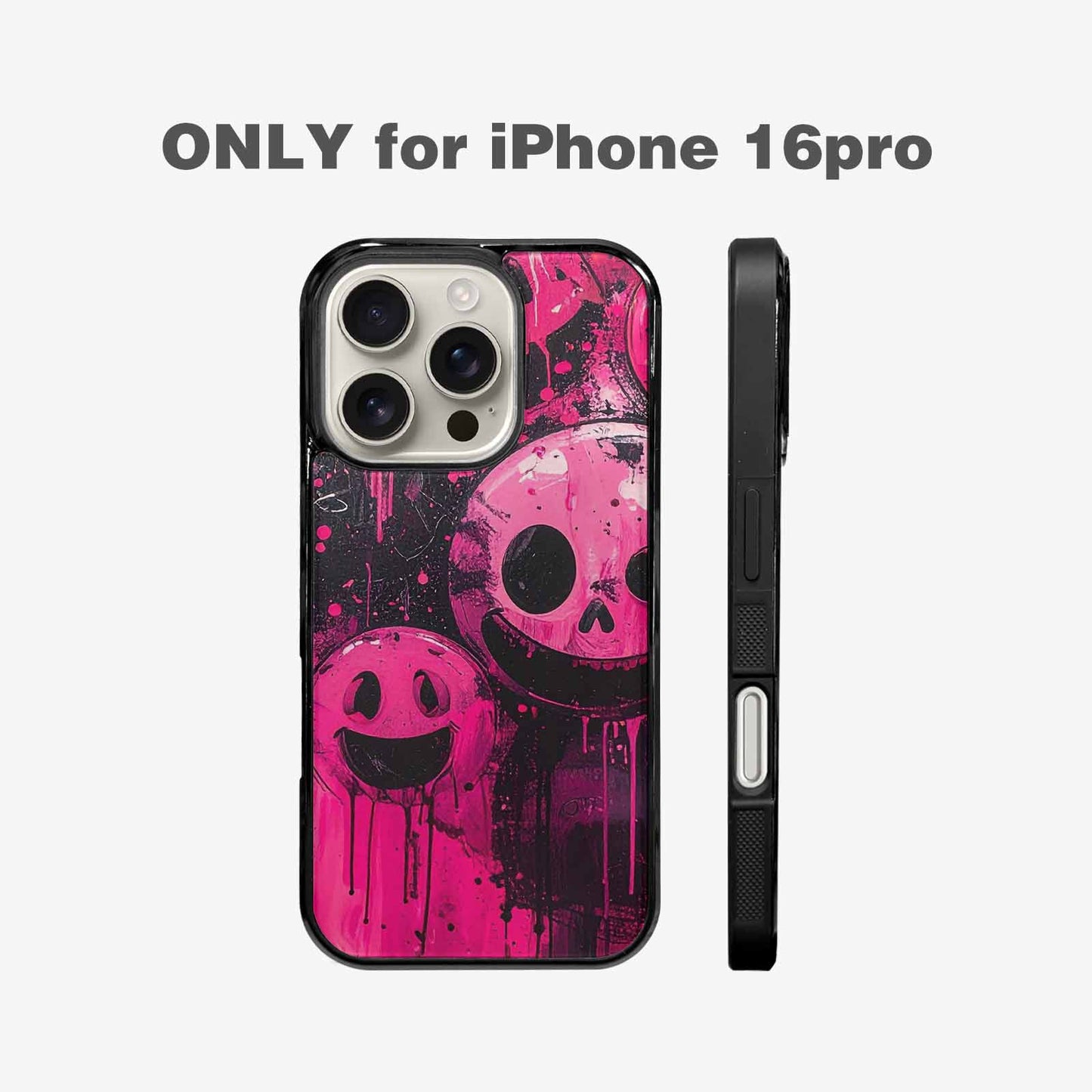 iPhone 16 Pro Case — Melting Moon Smiley Black Pink Ink, Custom Printed Phone Case