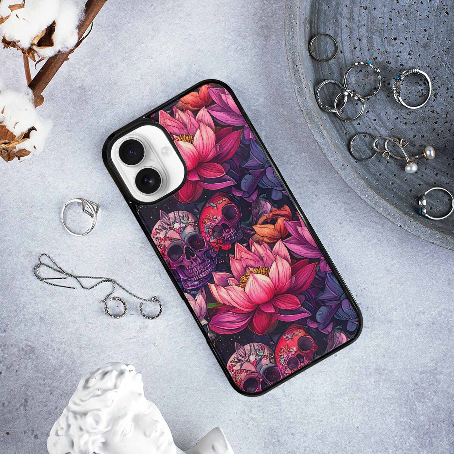iPhone 16 Plus Case — Lotus Skulls, Custom Phone Case