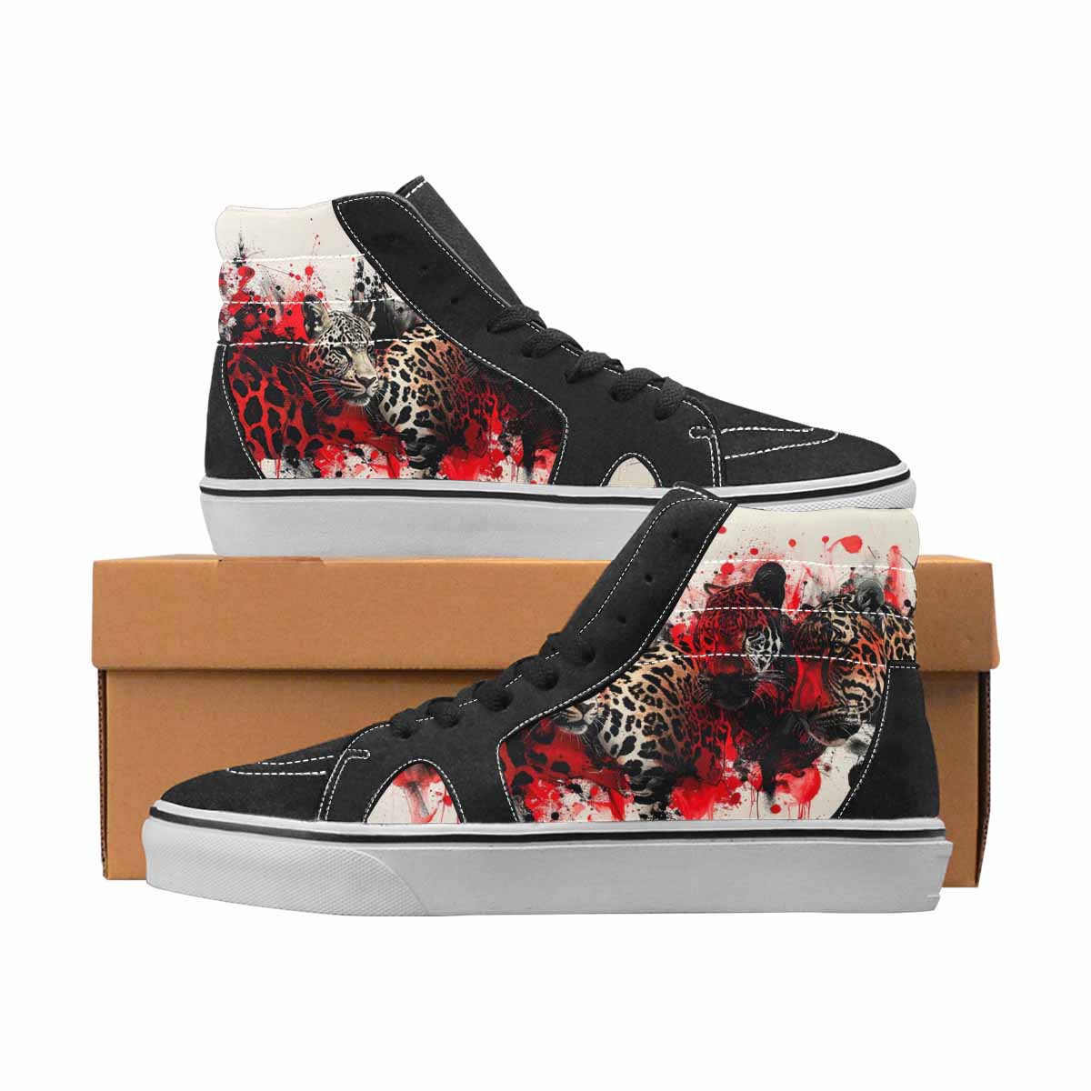 WOMEN'S Leopard Black & Red Ink High Top Canvas Unique Print Cottagecore Customized Sneakers