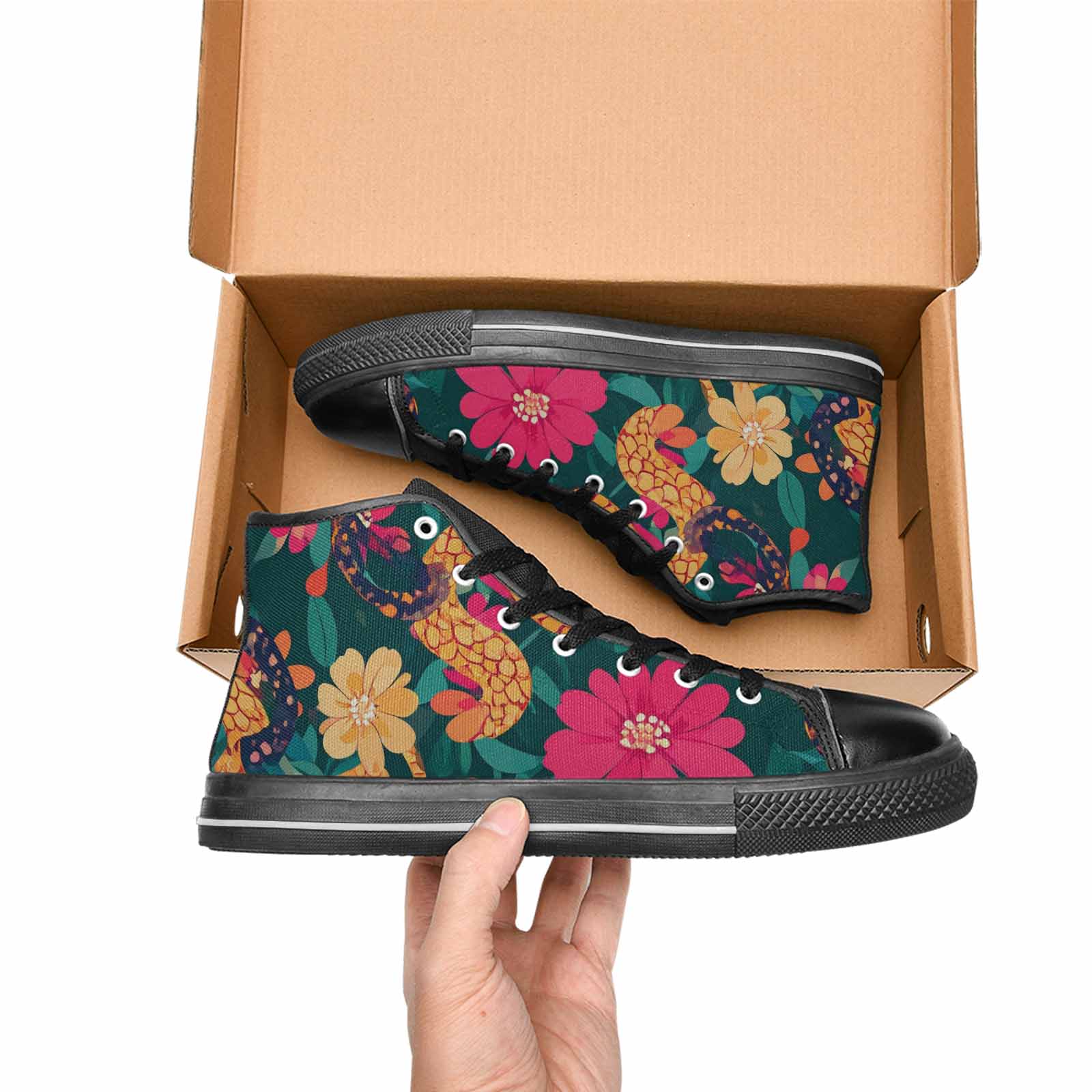 MEN'S Floral Snake Print High Top Canvas Wallpaper Art Sneakers