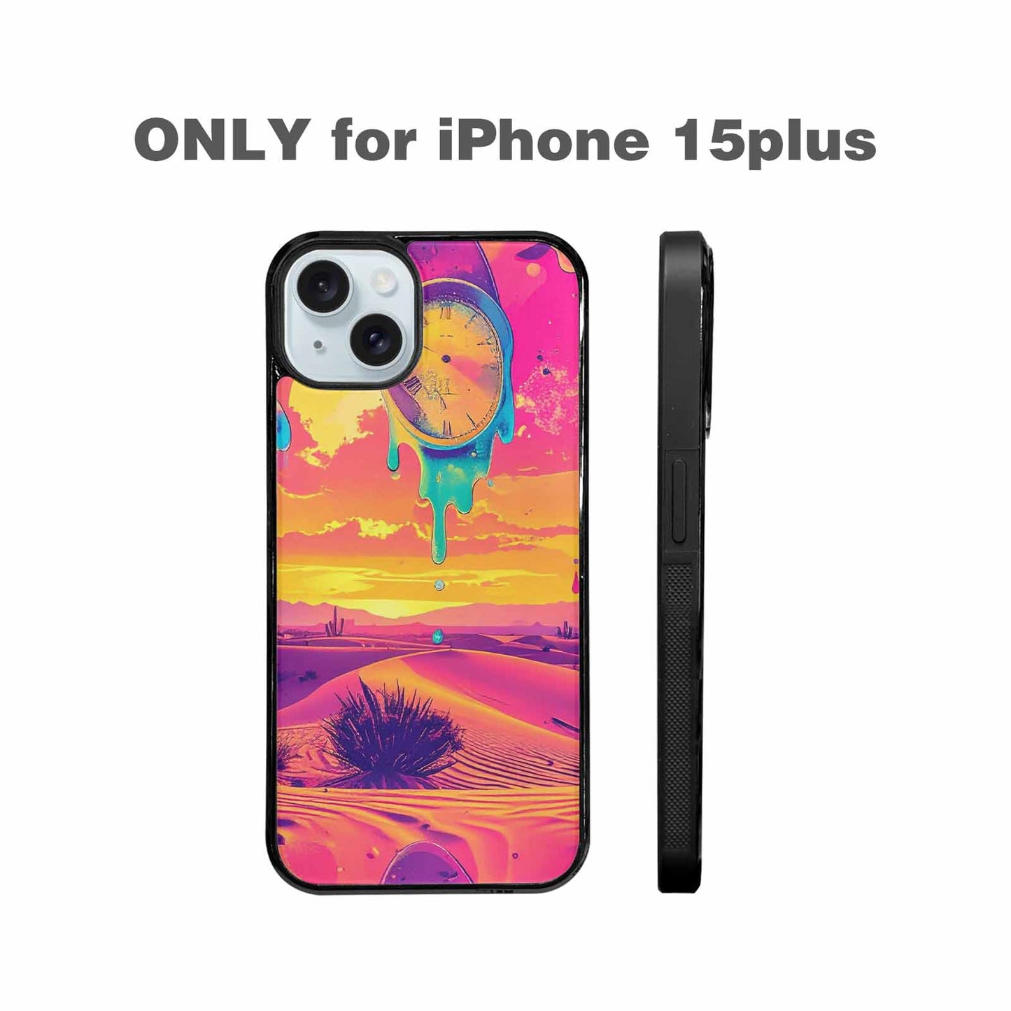 iPhone 15 Plus Case — Surrealist Dreamscape Pattern Melting Clocks Desert, Unique Phone Case Design