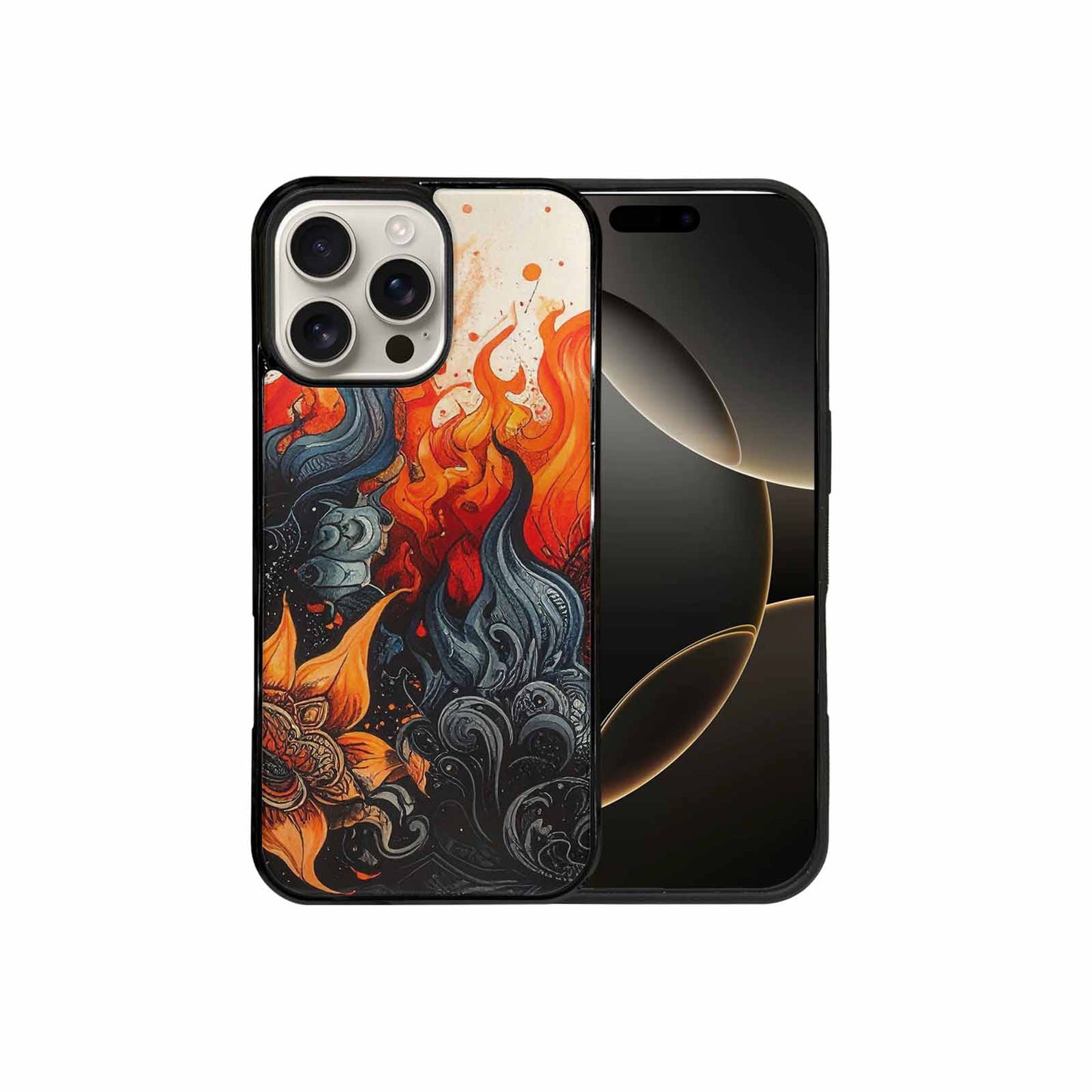 iPhone 16 Pro Max Case — Flame Burst Black Red Ink Flame, Original Design Phone Case
