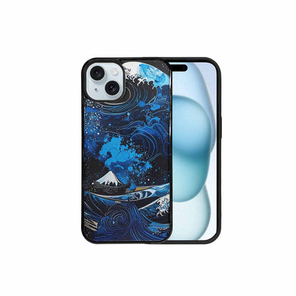 iPhone 15 Plus Case — Nautical Wave Black Blue Ink Wave, Custom Phone Case
