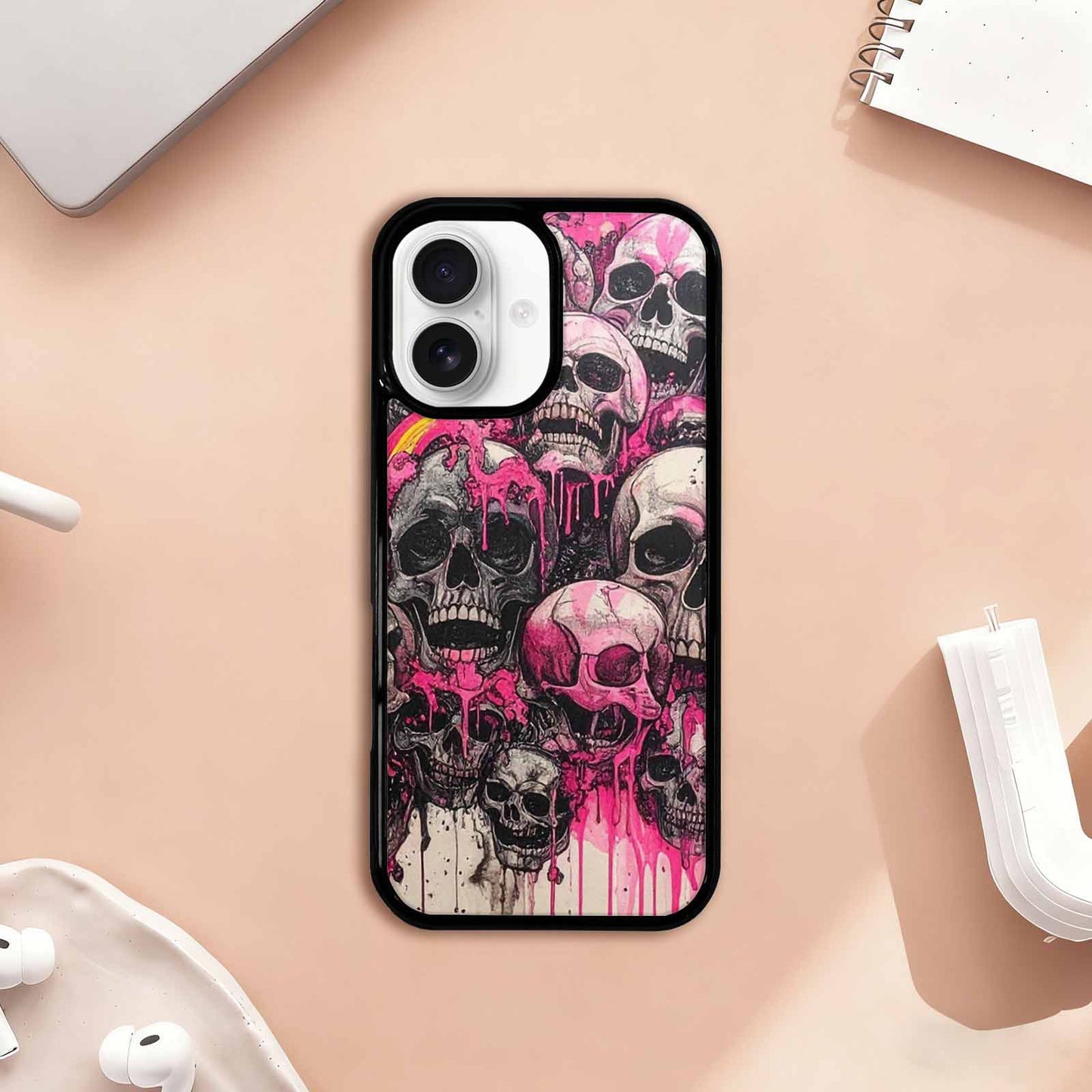 iPhone 17 Case — Black &amp; Pink Ink Gothic Skulls, Custom Art Phone Cover