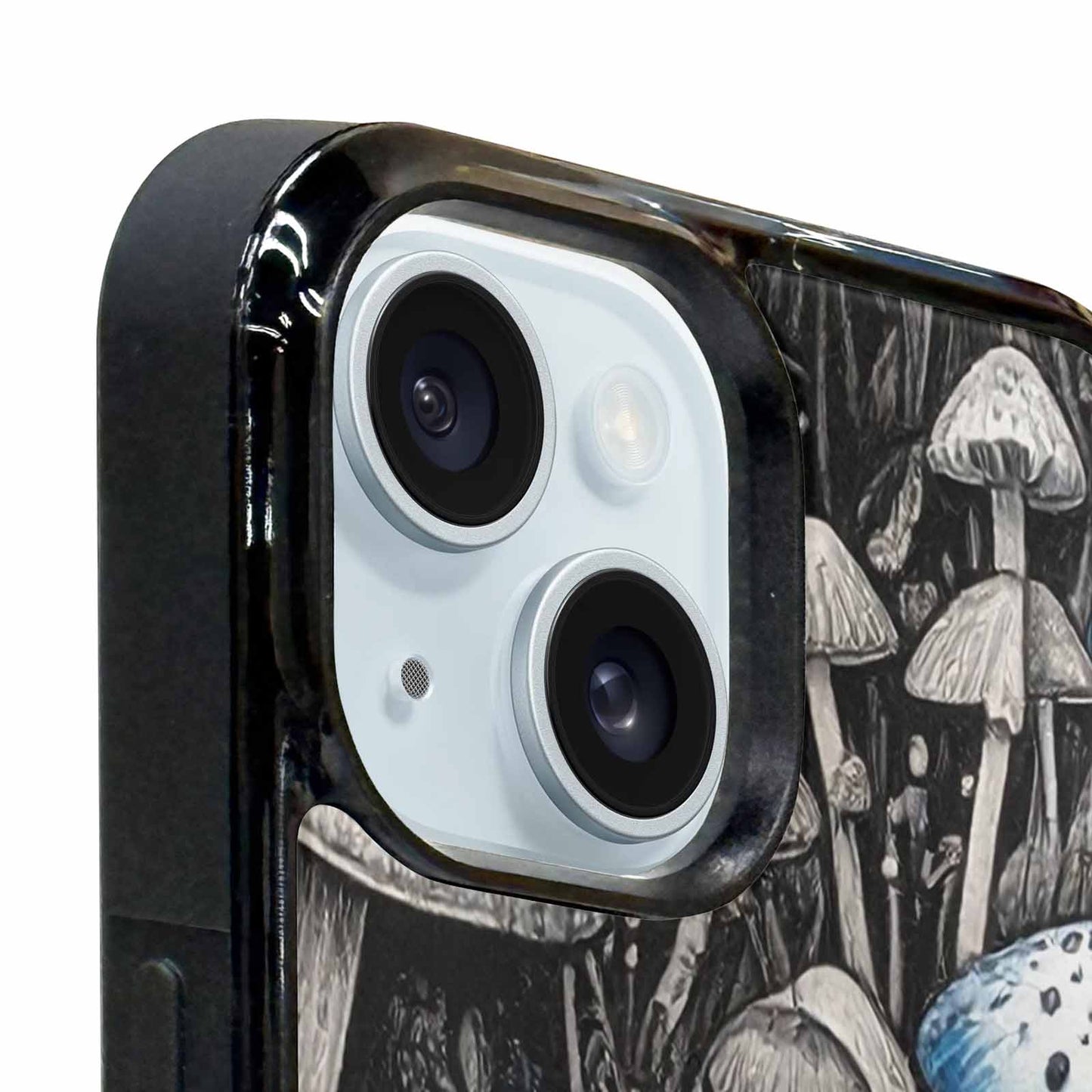 iPhone 15 Plus Case — Mushrooms General Black Blue Ink Mushrooms, Custom Printed Phone Case
