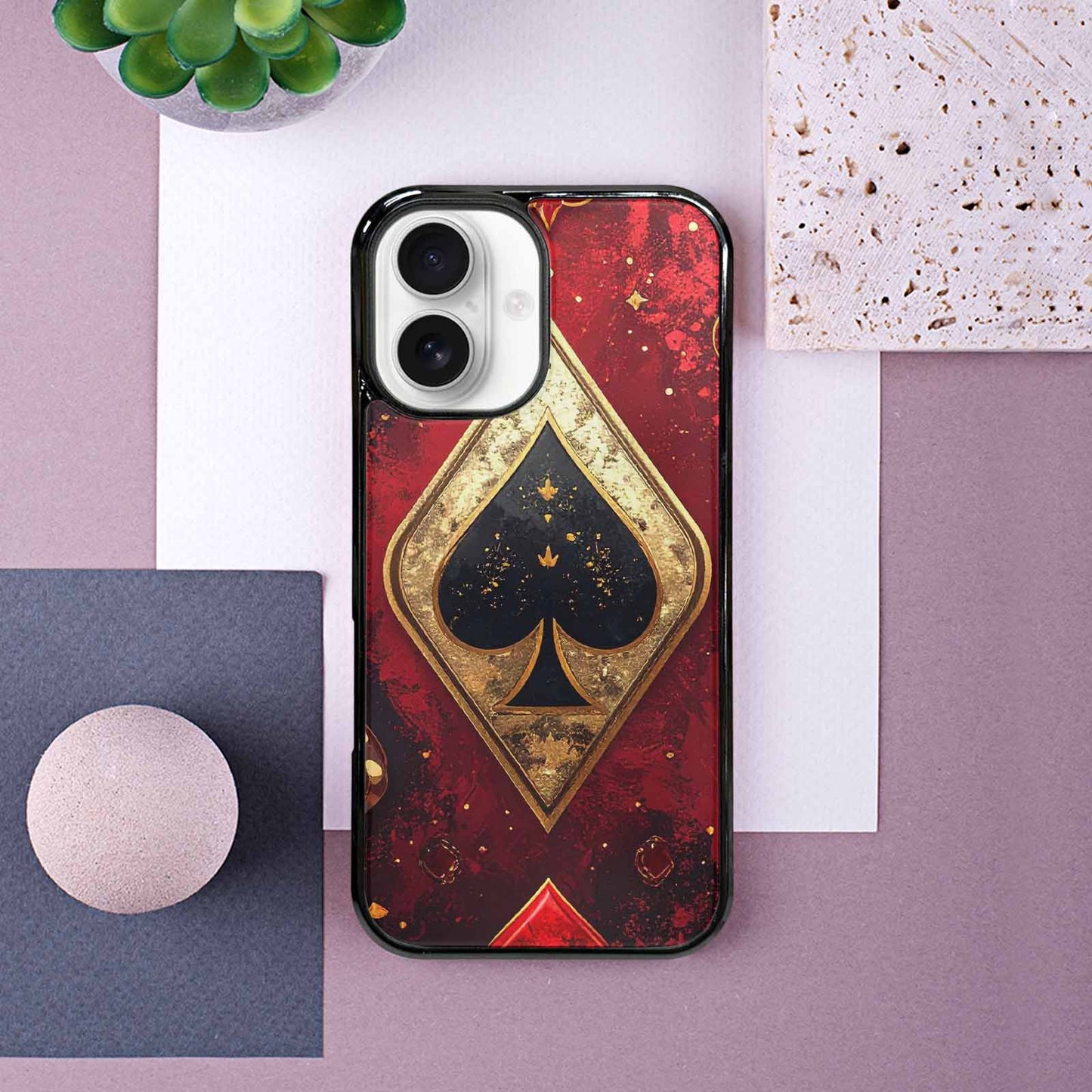 iPhone 16 Case — Playing Card Suits Pattern Poker Chips, Custom Printed Phone Case