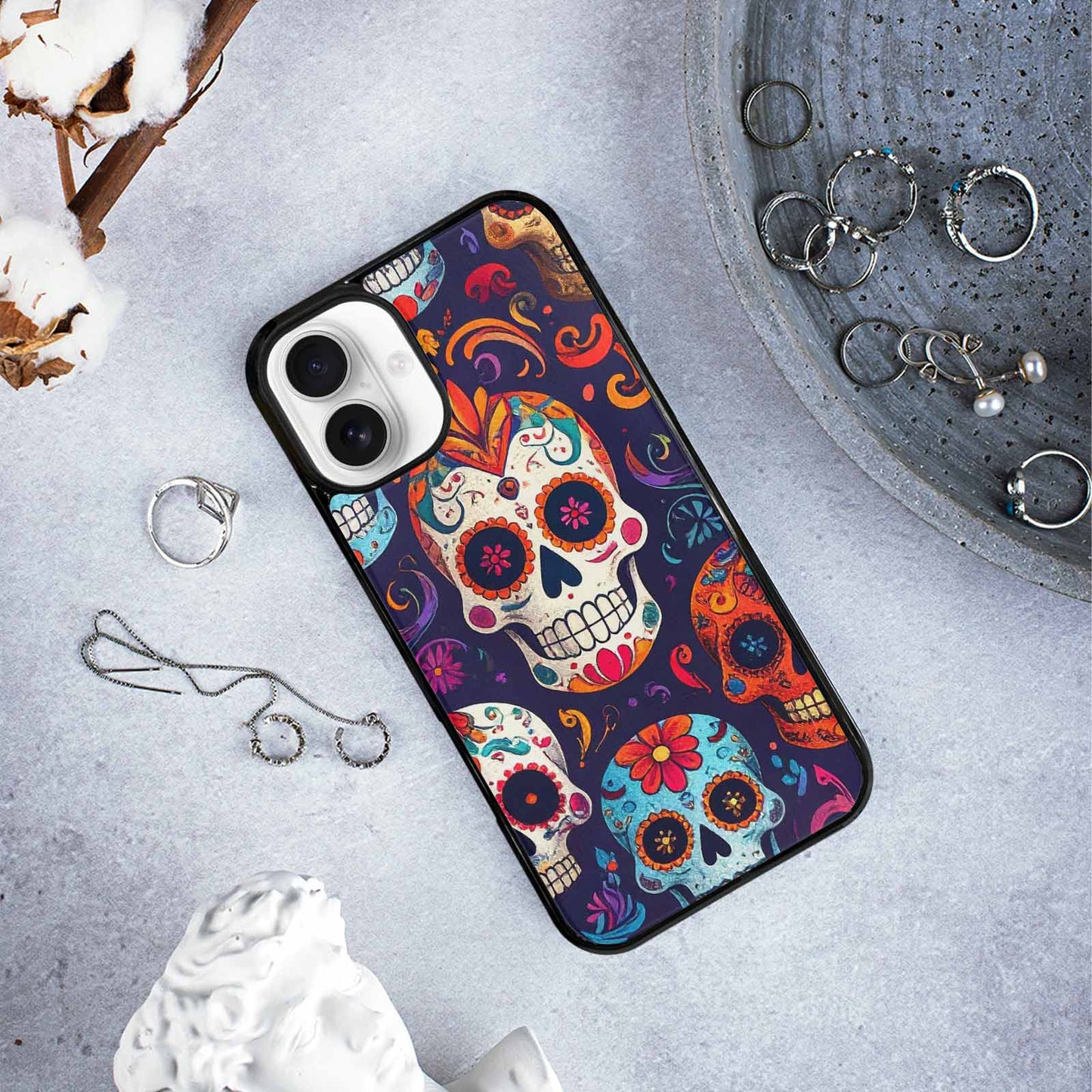 iPhone 16 Plus Case — Day Dead Sugar Skull Art 100s, Custom Made Phone Cover
