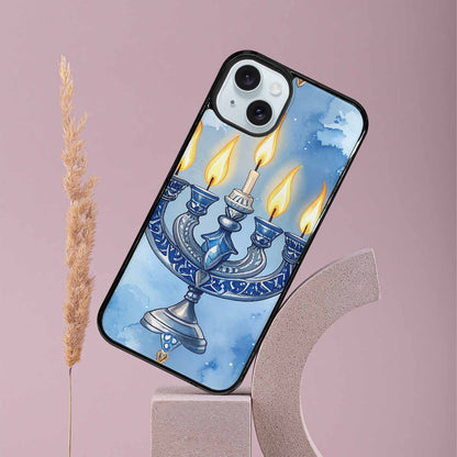 iPhone 15 Plus Case — Hanukkah Menorah Pattern Seamless Repeat Jewish, Custom Print Case Cover