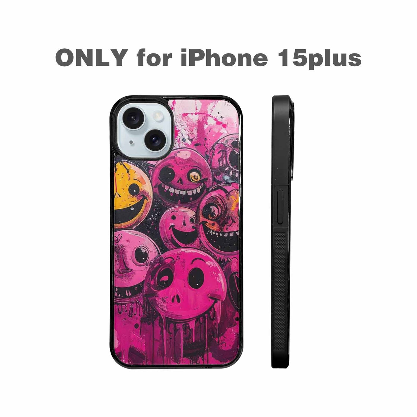 iPhone 15 Plus Case — Melting Moon Smiley Black Pink Ink, Custom Print Case Cover