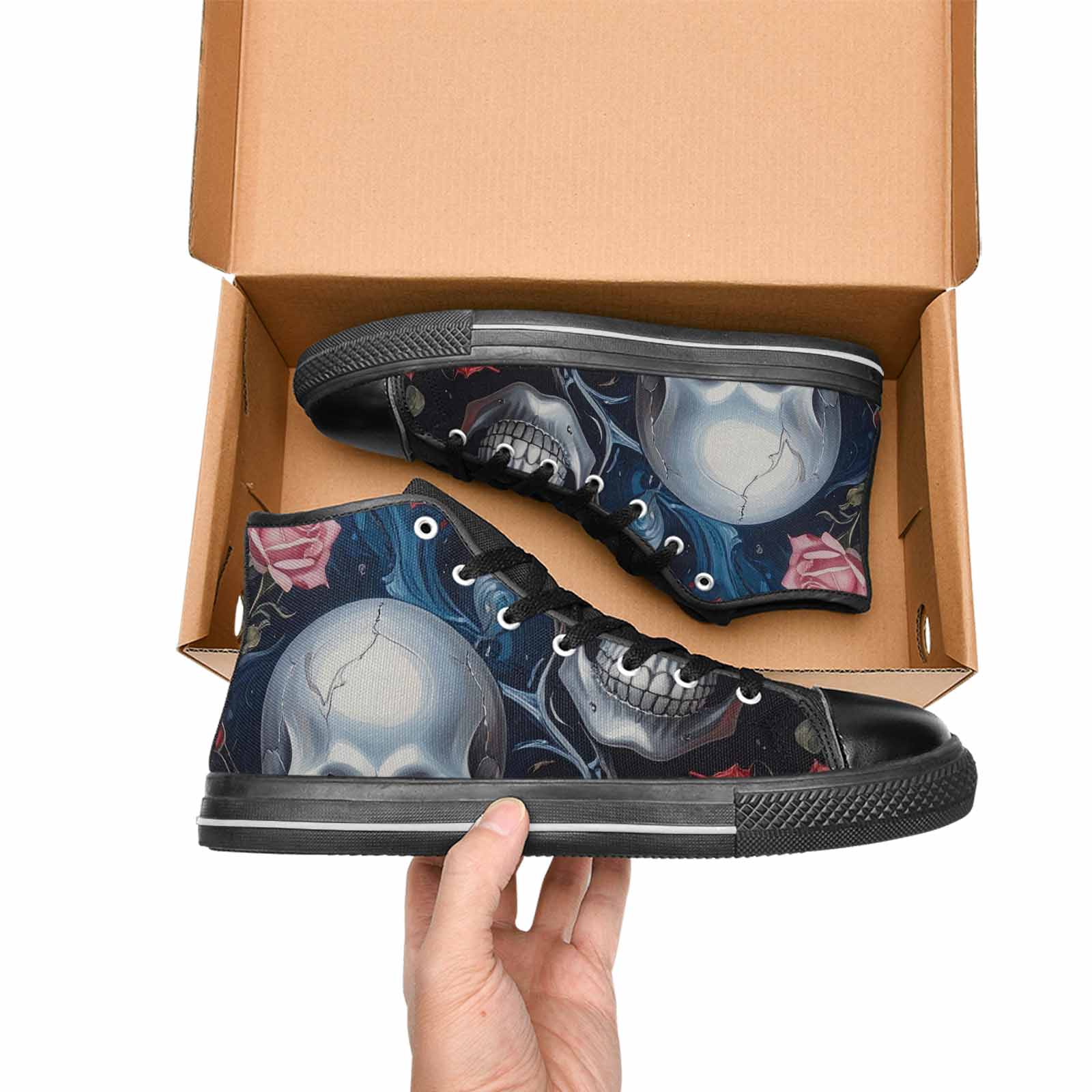 MEN'S Skulls Roses Chrome Airbrush High Top Canvas Grunge Custom Shoes