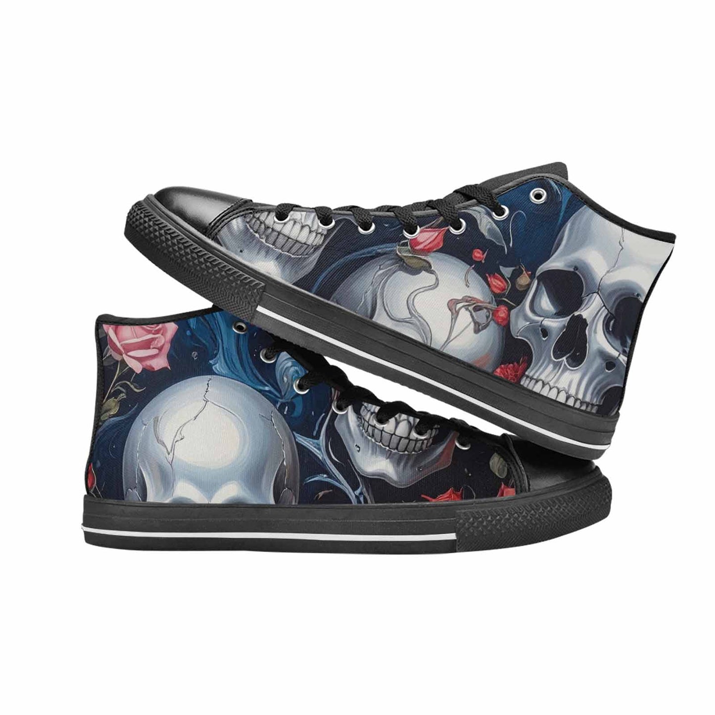 WOMEN'S Skulls Roses Chrome Airbrush High Top Canvas Cottagecore Shoes