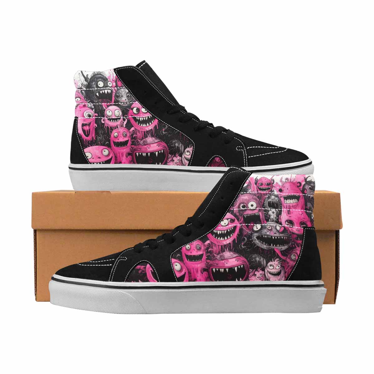 MEN'S Monsters Black & Pink Ink High Top Canvas Custom Fashion Neon Fantasy Custom Sneakers