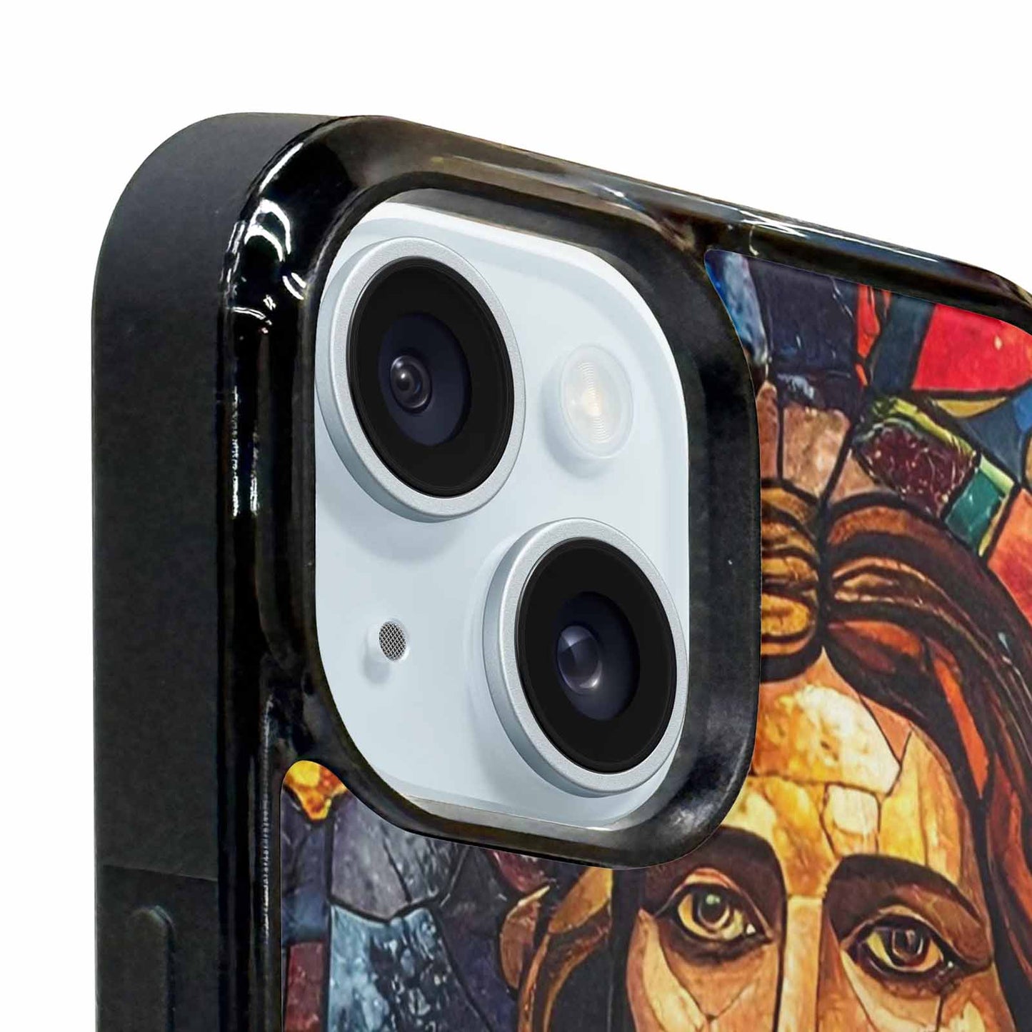 iPhone 15 Plus Case — Jesus Face Small Cross And Faith, Custom Designed Case Cover