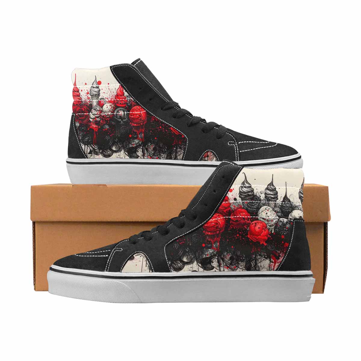 WOMEN'S Ice Cream Black & Red Ink High Top Canvas Wearable Art Grunge Customized Sneakers