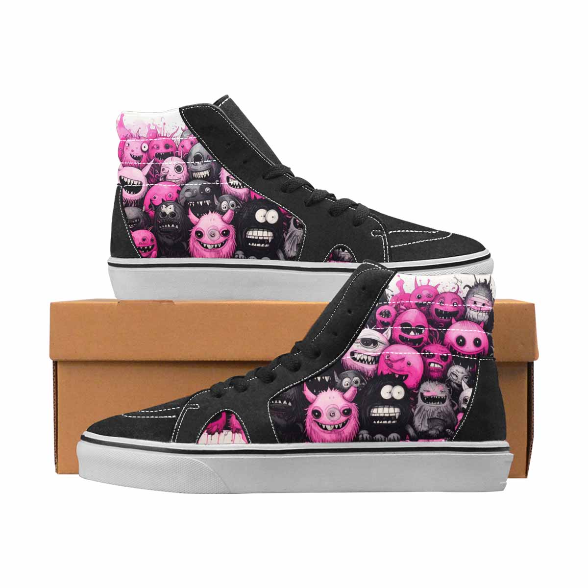 WOMEN'S Monsters Black & Pink Ink High Top Canvas Personalized Vivid Custom Print Sneakers