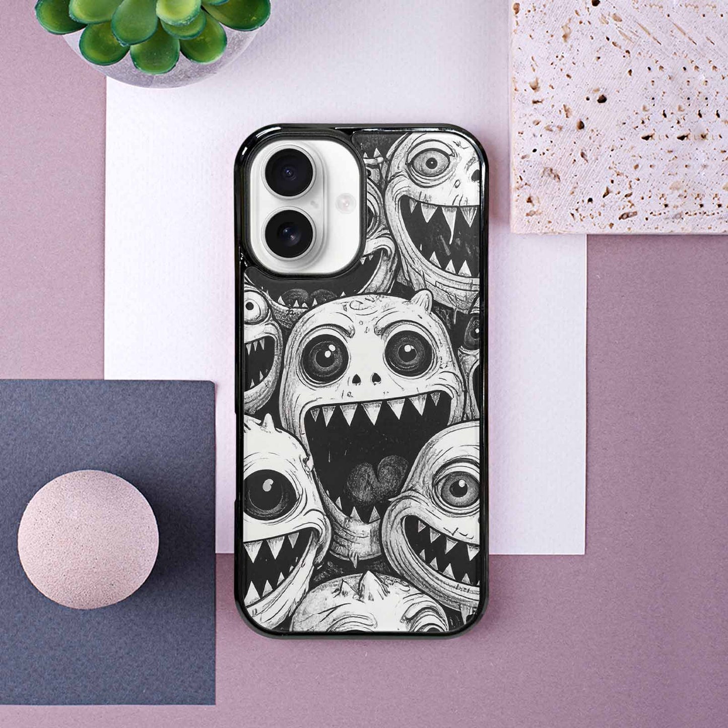 iPhone 16 Case — Black And White Monster Face Collage, Custom Made Phone Cover