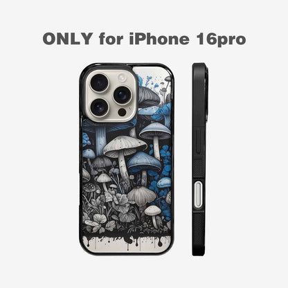 iPhone 16 Pro Case — Mushrooms General Black Blue Ink Mushrooms, Custom Made Phone Cover