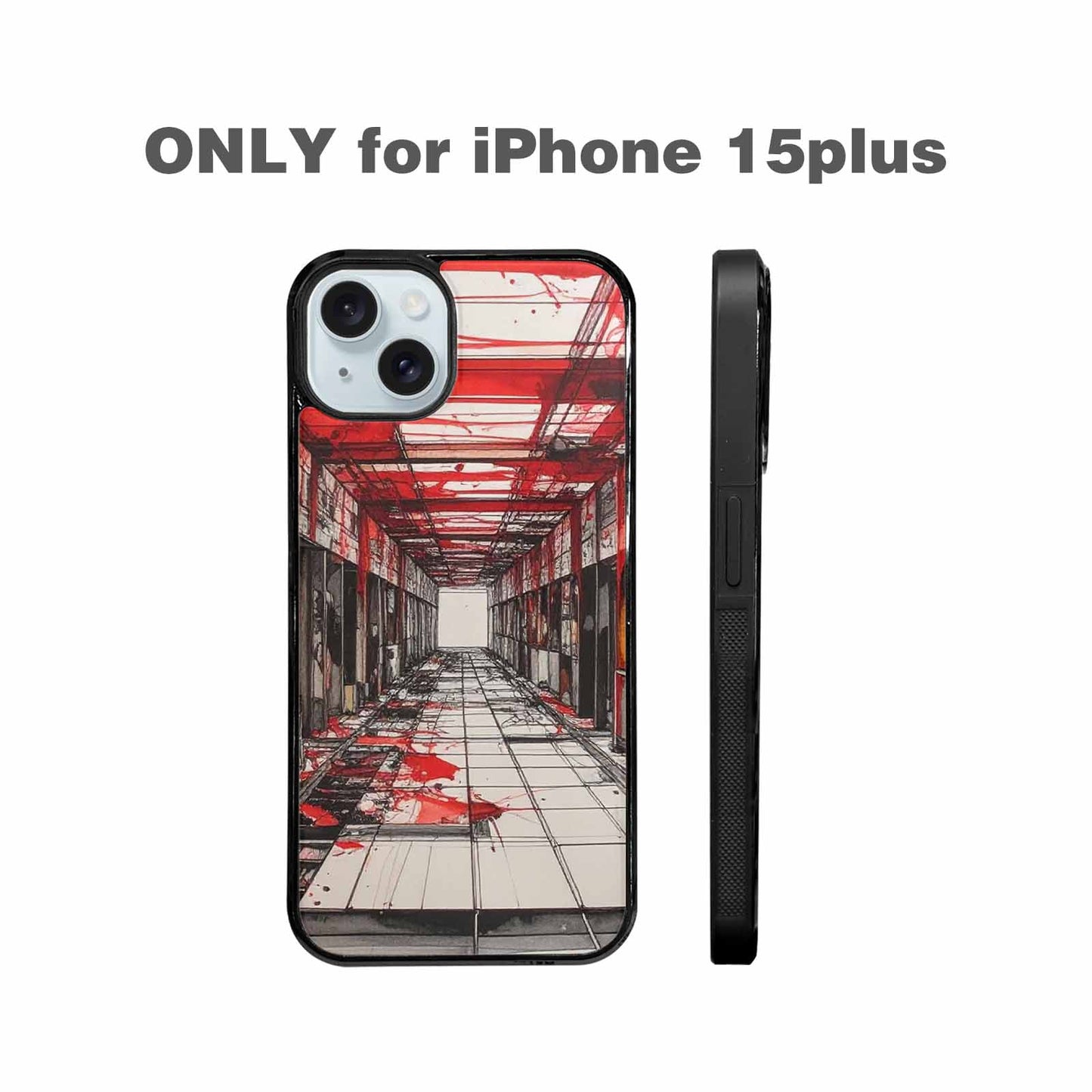 iPhone 15 Plus Case — Liminal Space Fragment Black Red Ink, Custom Phone Case