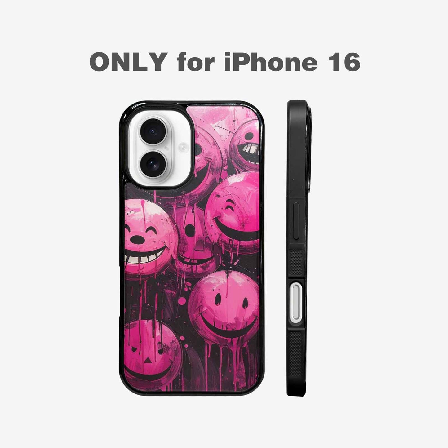 iPhone 16 Case — Melting Moon Smiley Black Pink Ink, Original Design Phone Case