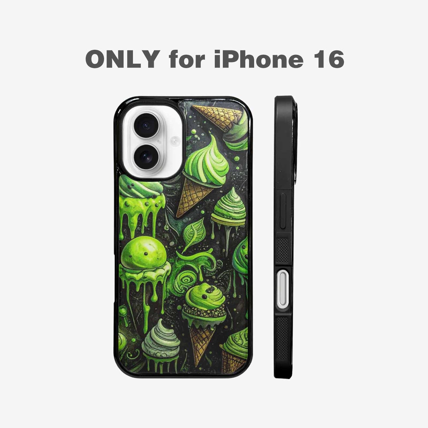 iPhone 16 Case — Ice Cream Motif Black Green Ink, Personalized Phone Case