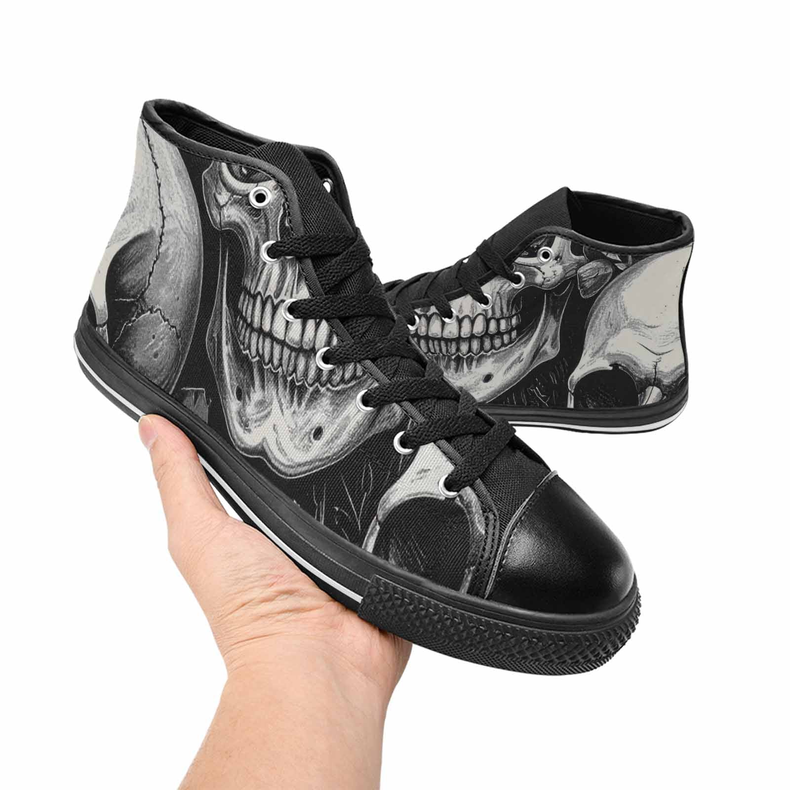 WOMEN'S Skulls Roses Black Ink High Top Canvas Cottagecore Sneakers