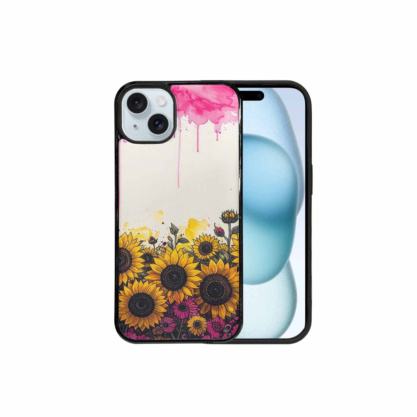 iPhone 15 Plus Case — Sunflower Burst Black Pink Ink Sunflowers, Custom Art Phone Cover