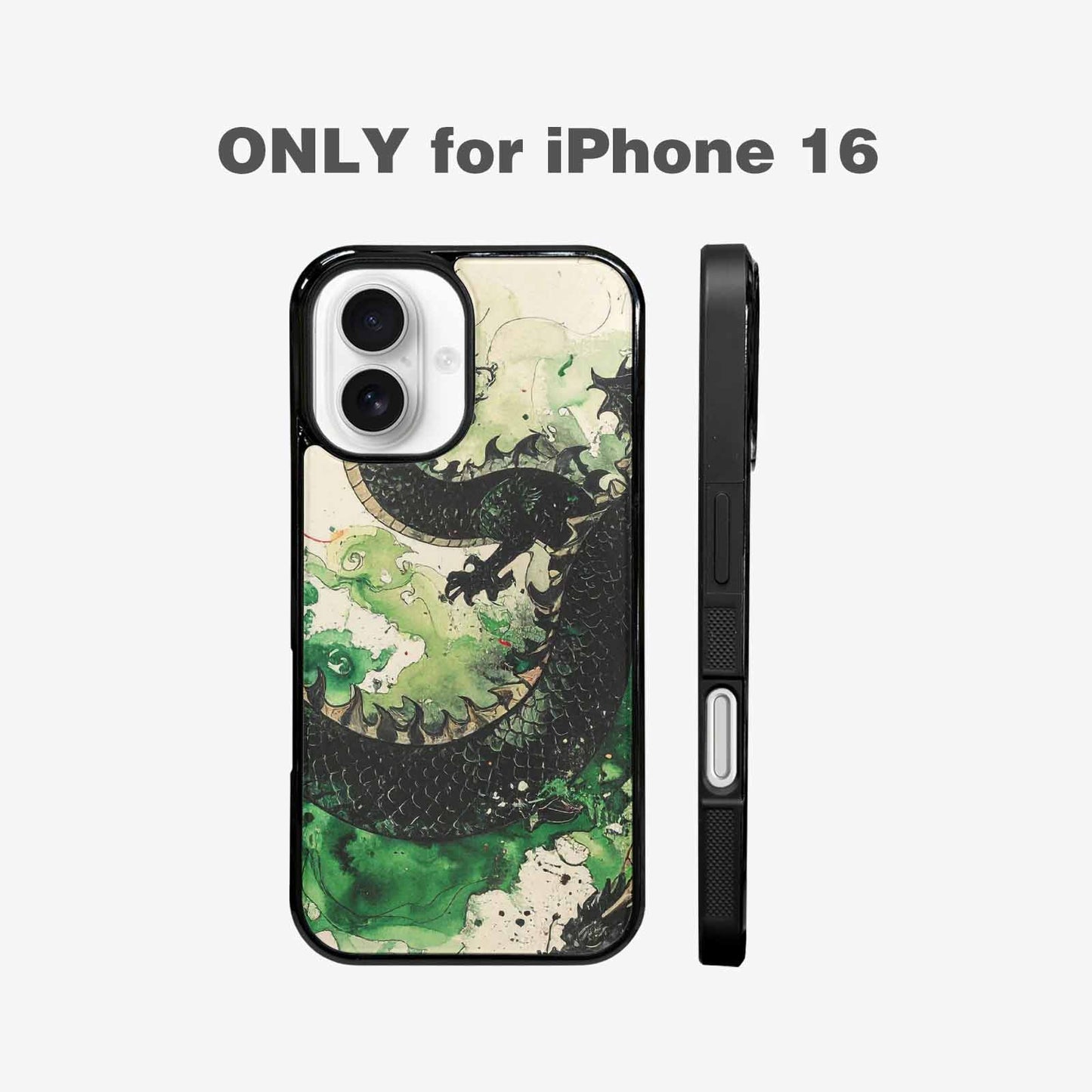iPhone 16 Case — Dragon Scale Black Green Ink Dragons, Custom Print Case Cover