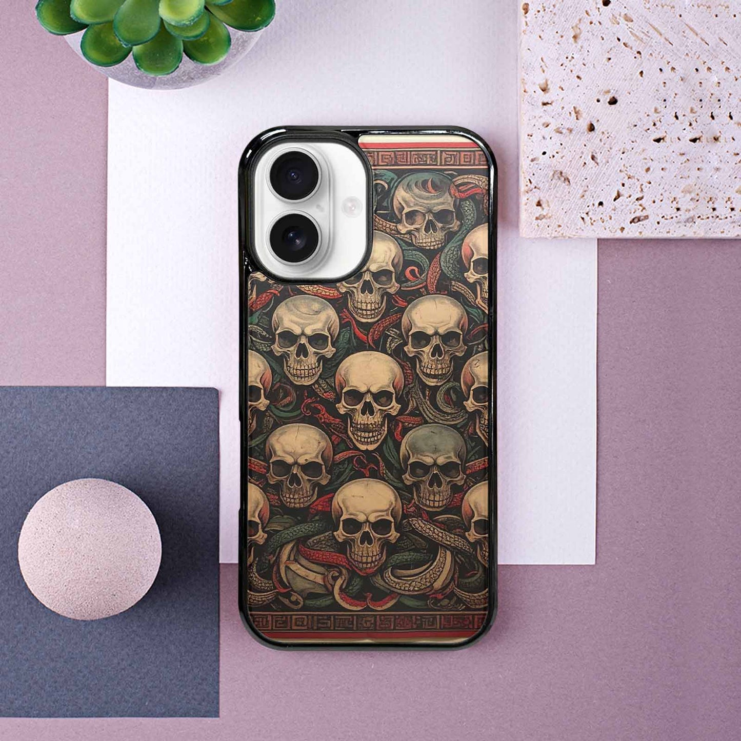 iPhone 16 Case — Traditional Tattoo Style Skulls Entwined With, Custom Made Phone Cover