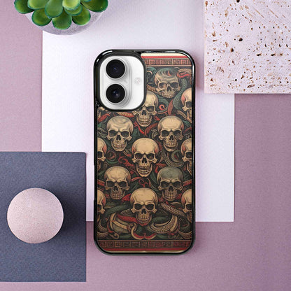 iPhone 16 Case — Traditional Tattoo Style Skulls Entwined With, Custom Made Phone Cover
