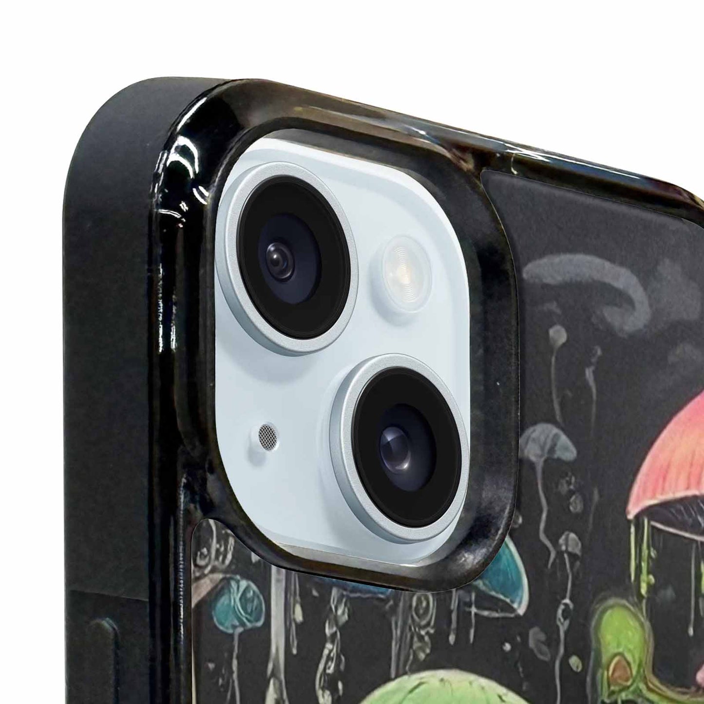 iPhone 15 Plus Case — Rainbow Drip Mushrooms Black Green Ink, Customized Protective Case