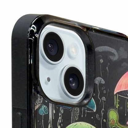 iPhone 15 Plus Case — Rainbow Drip Mushrooms Black Green Ink, Customized Protective Case